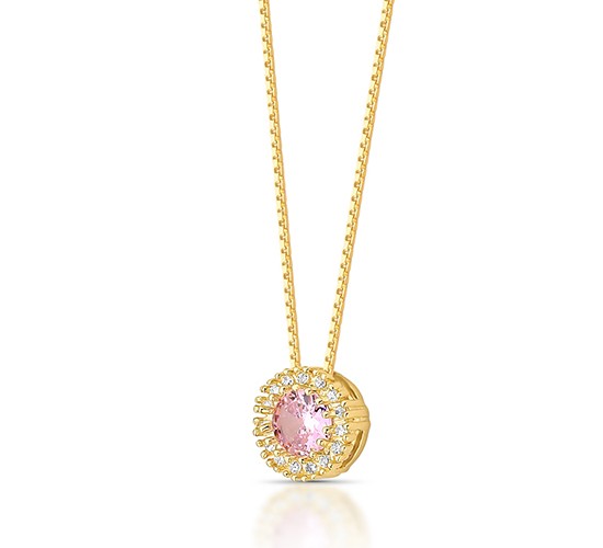 Colar chuveiro redondo pedra maior rosa claro com zirconia cristal em volta. 161656