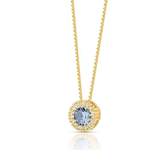 Colar chuveiro redondo pedra maior azul claro com zirconia cristal em volta. 4mm. 161657