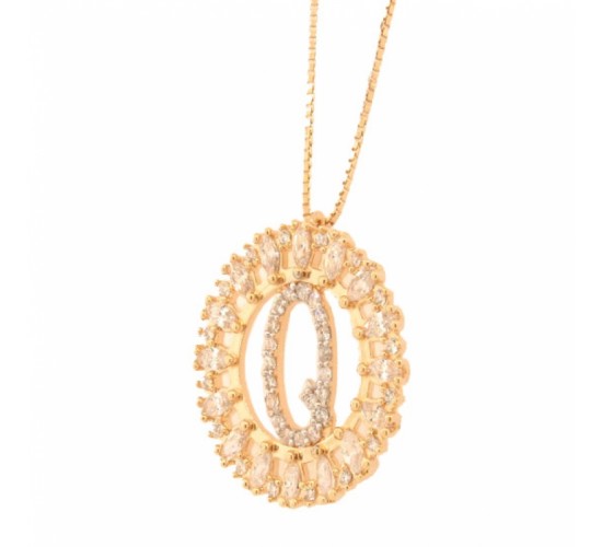 Colar letra Q aro oval com navete cristal e zirconia cristal. 161678Q