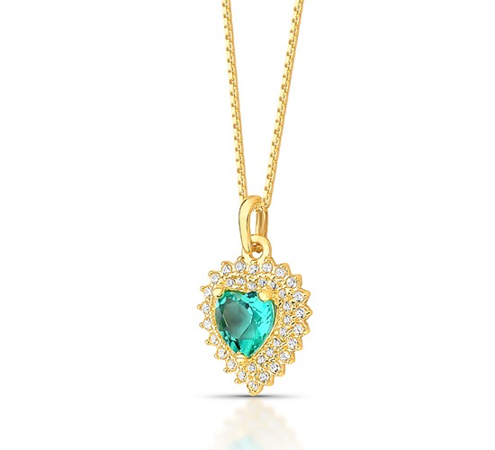Colar coracao pedra maior verde paraiba com zirconia cristal em volta. 12x9mm. 161680
