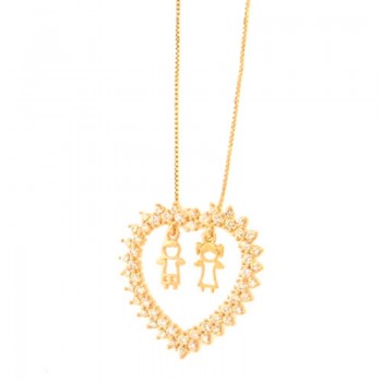 Colar coracao zirconia cristal com casal. 18x18mm. 161720