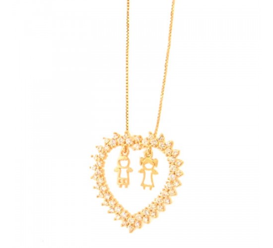 Colar coracao zirconia cristal com casal. 18x18mm. 161720