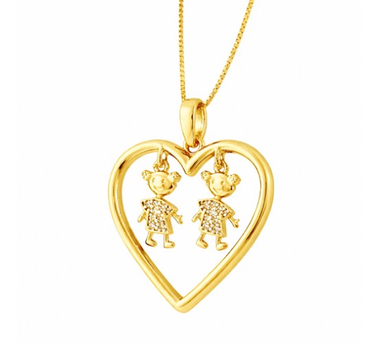 Colar coracao liso com 2 meninas. 22x22mm. 161721