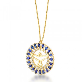 Colar divino com aro redondo navete azul safira e zirconia cristal. 161806