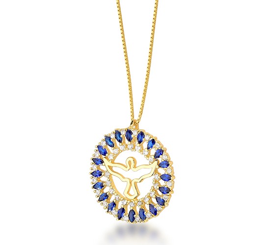 Colar divino com aro redondo navete azul safira e zirconia cristal. 161806