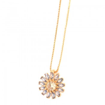 Colar flor com petalas navete azul claro e miolo zirconia cristal. 6mm. 161825