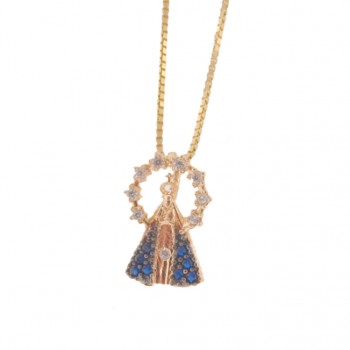 Colar Nossa Senhora Aparecida pequena com manto zirconia azul e aura zirconia cristal. 161847
