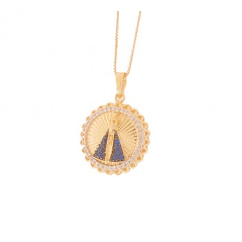 Colar medalha redonda com detalhes dentro Nossa Senhora Aparecida zirconia azul, 13x13mm. 161886