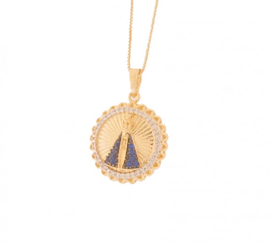 Colar medalha redonda com detalhes dentro Nossa Senhora Aparecida zirconia azul, 13x13mm. 161886