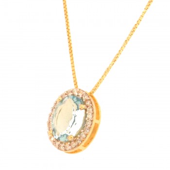 Colar oval pedra maior azul agua marinha com zirconia cristal em volta. 6x4mm. 161897