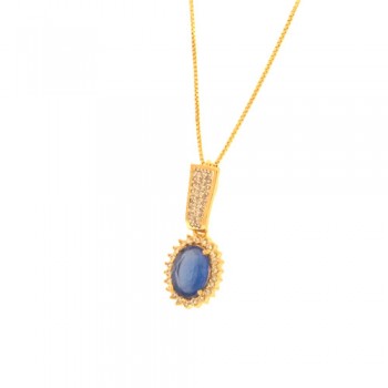 Colar oval pedra maior azul safira com zirconia cristal em volta e na haste. 17x5mm. 161910