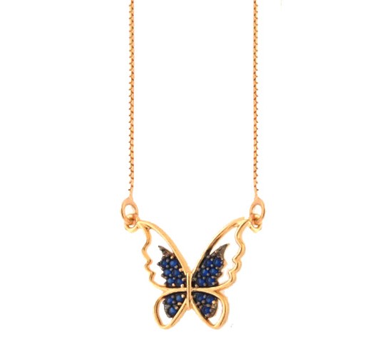 Colar borboleta vazada com zirconia azul safira nas asas. 9x14mm. 161948