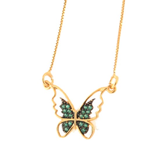 Colar borboleta vazada com zirconia verde paraiba nas asas. 9x14mm. 161949