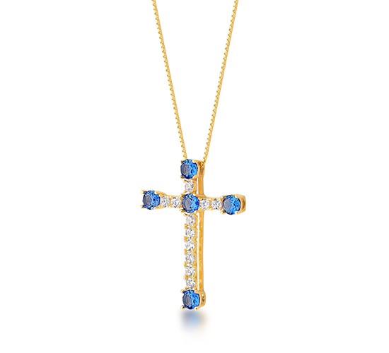 Colar Criz zirconia cristal e azul nas pontas, corrente 45cm. 22x16mm. 1620502