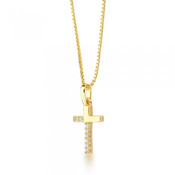 Colar cruz pequena, lisa e zirconia cristal, corrente 40cm. 9x3mm. 1620510