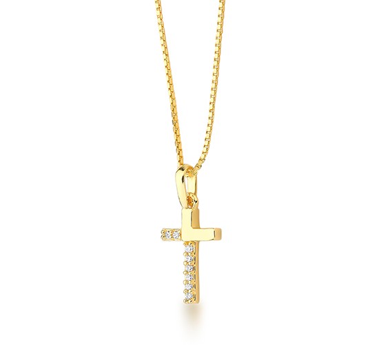 Colar cruz pequena, lisa e zirconia cristal, corrente 40cm. 9x3mm. 1620510