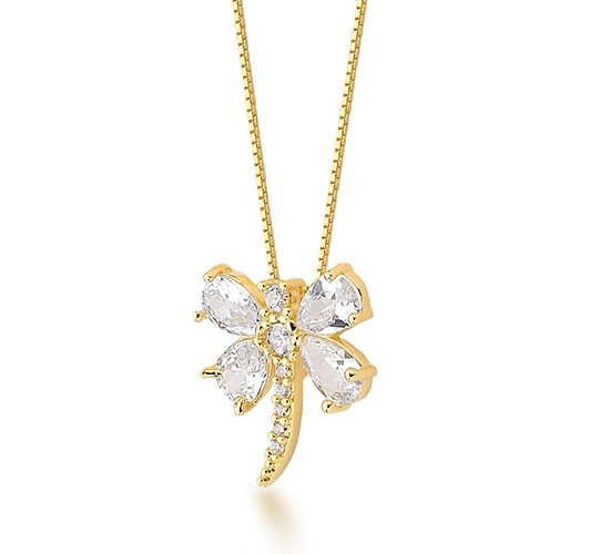 Colar libelula navete e zirconia cristal, corrente 45cm. 12x10mm. 1620570
