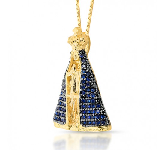 Colar Nossa Senhora Aparecida 27mm, mando zirconia azul safira com forro, corrente 45cm. 1620802