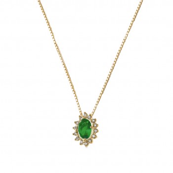 Colar pedra maior oval verde esmeralda, zirconia cristal em volta. 6x3mm, prata. 3630048