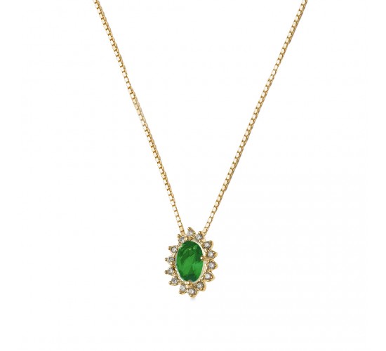 Colar pedra maior oval verde esmeralda, zirconia cristal em volta. 6x3mm, prata. 3630048