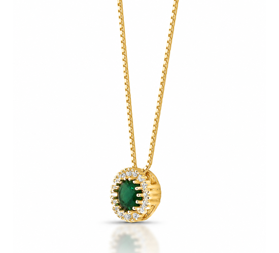 Colar chuveiro redondo pedra maior zirconia verde esmeralda aro com zirconia cristal em volta. 1630098
