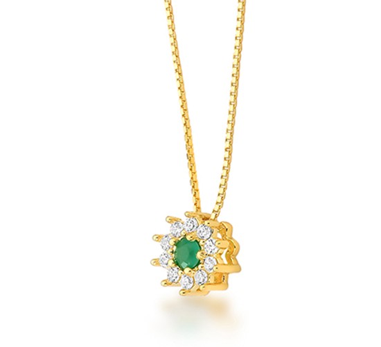 Colar flor pequena zirconia verde centro e cristal em volta, corrente 40cm. 3mm. 1630238