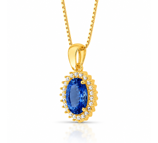 Colar oval azul safira 17mm com zirconia cristal em volta. 1635592