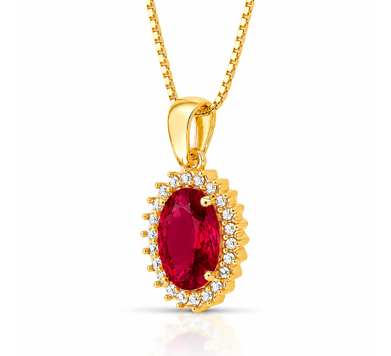 Colar oval vermelho rubi 17mm com zirconia cristal em volta. 1635599