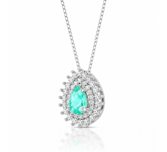 Colar gota verde paraiba, zirconia cristal em volta, 7x5mm, Prata. 360007