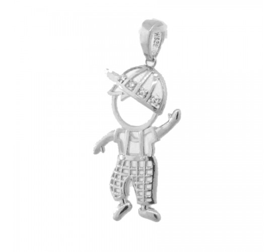 Pingente menino com roupa vazada e bone zirconia cristal, Prata. 360008