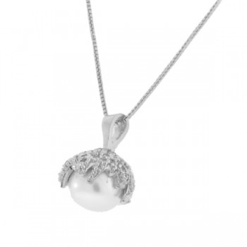 Colar perola com concha zirconia cristal em cima, Prata.  360013