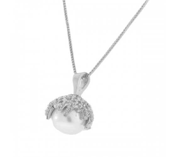 Colar perola com concha zirconia cristal em cima, Prata.  360013