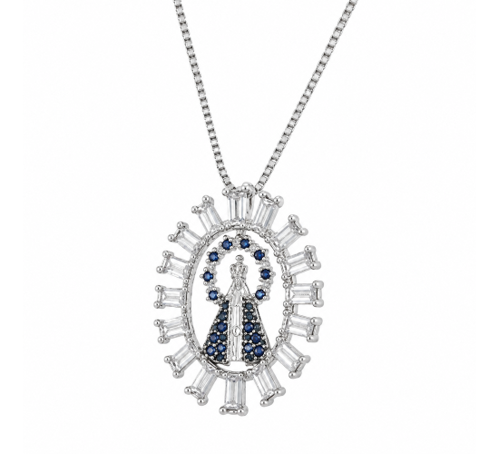 Colar aro oval baguete cristal com Nossa Senhora Aparecida manto zirconia azul, 16x13mm, prata. 360022