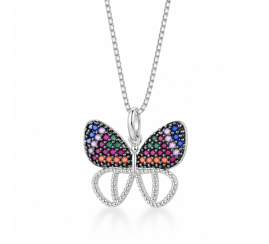 Colar borboleta asas zirconia laranja, rosa, verde azul e lilas em cima e asas vazadas embaixo. 8x13mm, prata. 360036