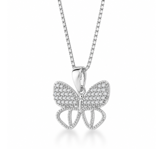 Colar borboleta asas com zirconia cristal em cima e vazada embaixo, corrente 45cm. 8x13mm, prata. 3600360