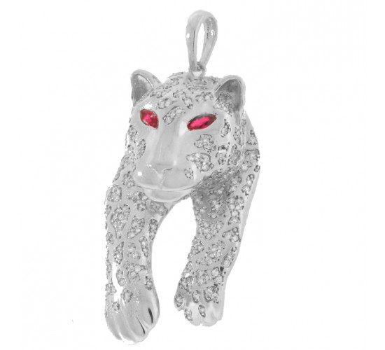 Pingente Pantera zirconia cristal e olhos vermelho rubi, Prata. 360060