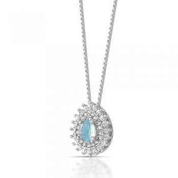 Colar gota pedra maior agua marinha zirconia cristal em volta, 7x5mm, Prata. 360095 Colar gota pedra maior agua marinha zirconia cristal em volta, 7x5mm, Prata. 360095