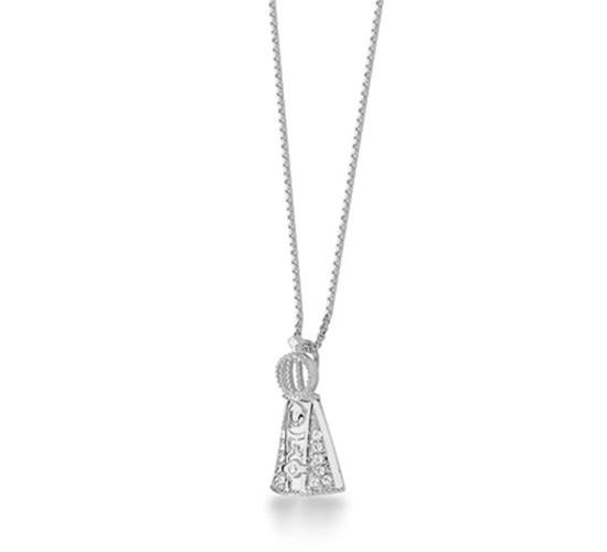 Colar Nossa Senhora Aparecida pequena com manto zirconia cristal, 11x4mm, Prata. 360712