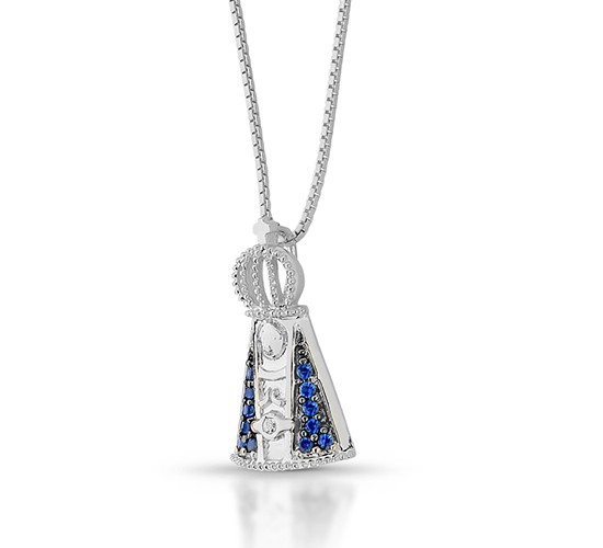 Colar Nossa Senhora Aparecida com manto zirconia azul, 11x5mm, Prata. 360714