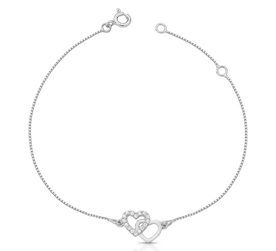 Pulseira 2 coracoes, um liso e um zirconia cristal, Prata.  360894