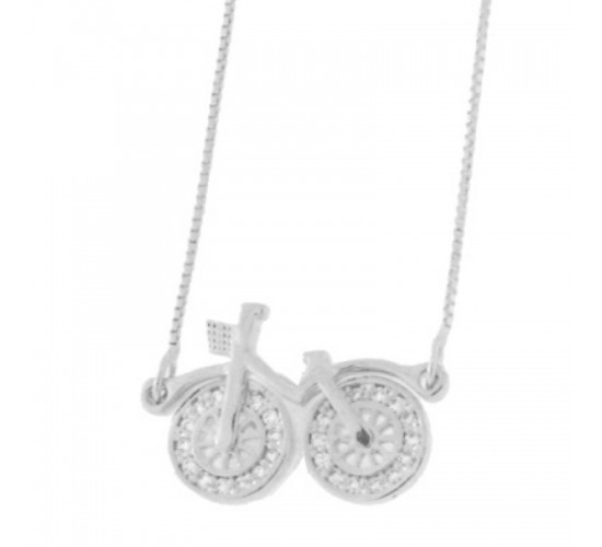 Colar bicicleta com roda zirconia cristal. 8x14mm, prata. 360909