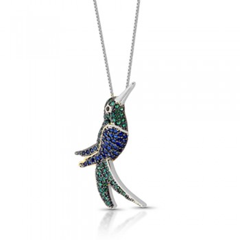 Colar beija flor maior zirconia verde e azul com olho zirconia negra, 28x20mm, Prata. 360966