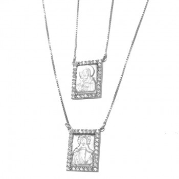 Escapulario retangular N.Sra das gracas zirconia cristal em volta, 9x6mm, prata. 360968