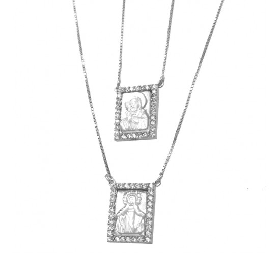 Escapulario retangular N.Sra das gracas zirconia cristal em volta, 9x6mm, prata. 360968