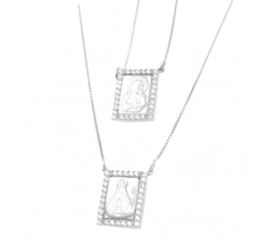 Escapulario retangular N.Sra aparecida zirconia cristal em volta, 9x6mm, Prata.  360969