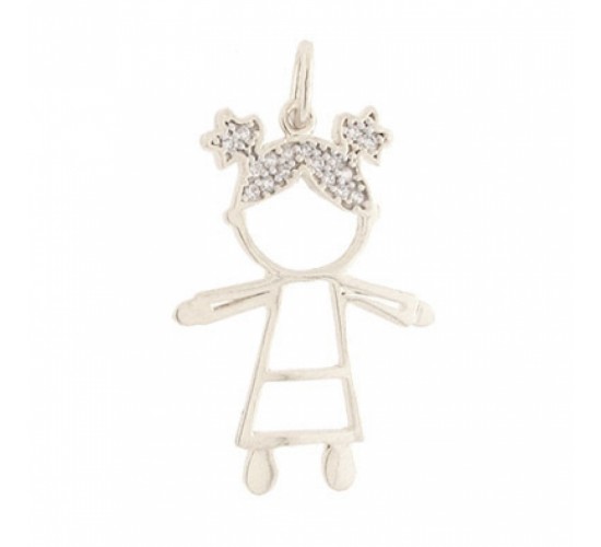 Pingente menina vazada cabelo maria chiquinha com zirconia cristal, Prata. 361076