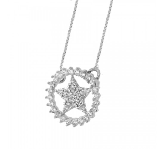 Colar estrela zirconia cristal com aro zirconia cristal em volta, prata. 361194