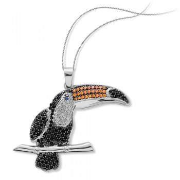 Colar tucano zirconia negra e cristal, com bico zirconia laranja e olho zirconia azul, 22x29mm, Prata. 361197
