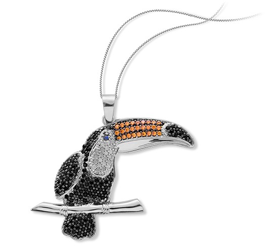 Colar tucano zirconia negra e cristal, com bico zirconia laranja e olho zirconia azul, 22x29mm, Prata. 361197