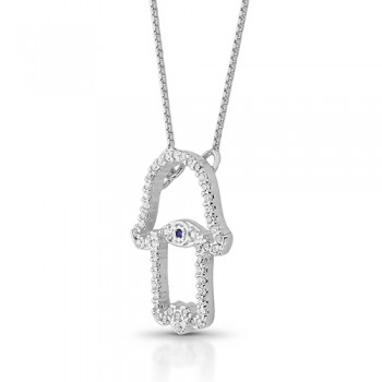 Colar mao de fatima vazada zirconia cristal com zirconia azul no centro. 15x9mm, prata. 361238
